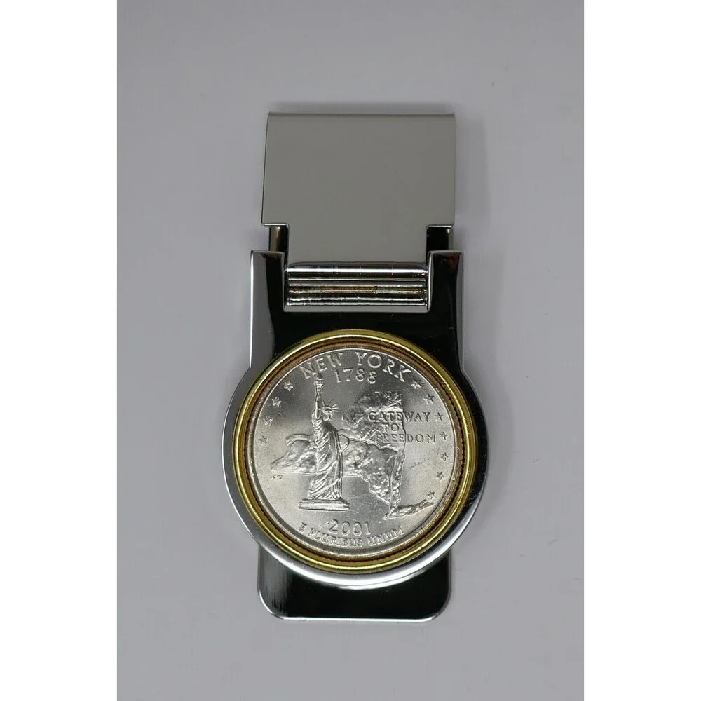 2001 New York Quarter Stainless Steel Gold Color Bezel Hinged Money Clip
